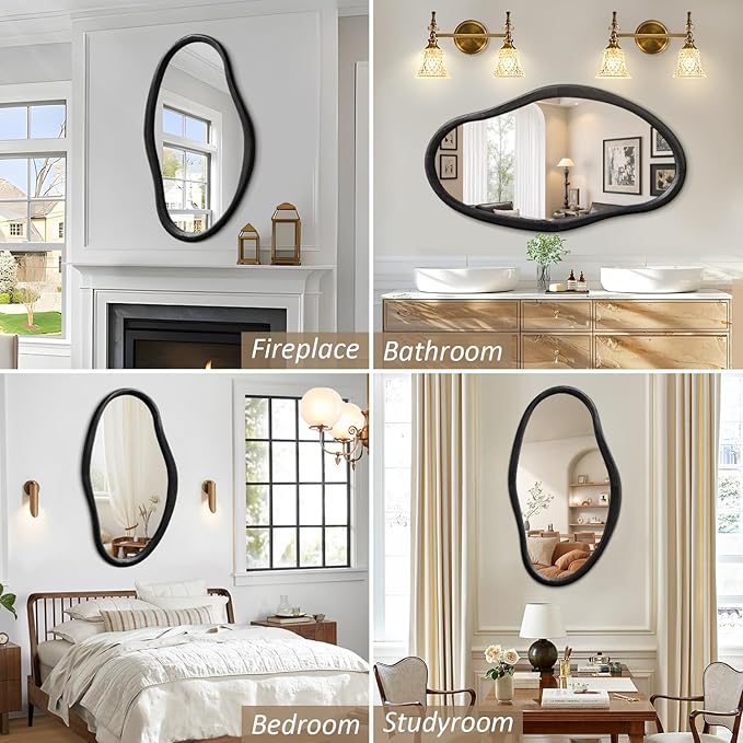 JJUUYOU Irregular Mirror Black Asymmetrical Wooden Wall Mirror 34