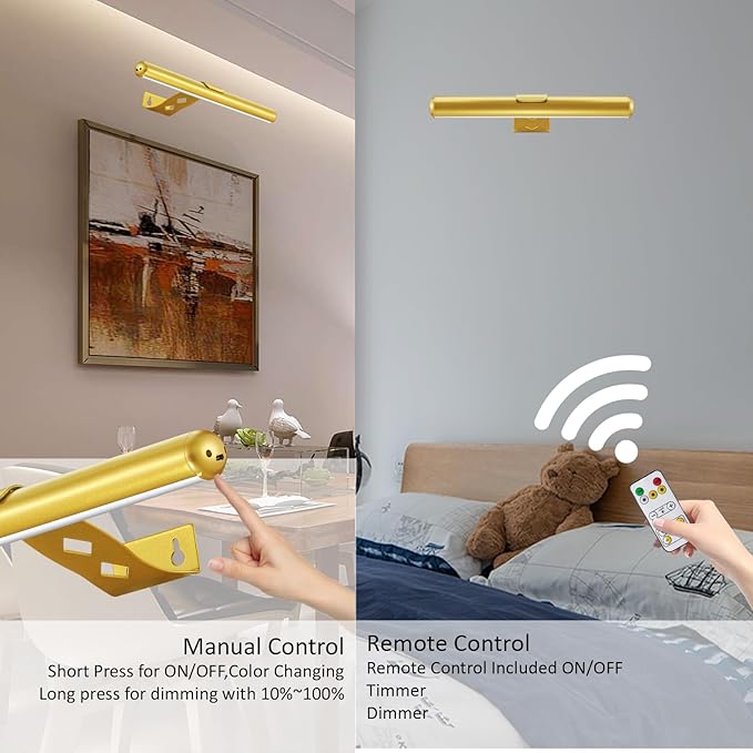 Rechargeable Picture Lights with Remote, 13in Full Metal Wireless Battery Painting Light, Dimmable/Timer Off Artwork Light, with 3 Lighting Modes for Artwork and Dartboards