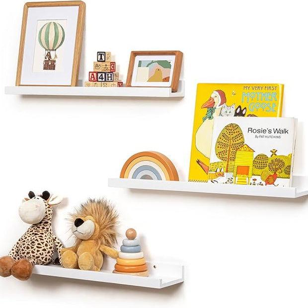 Picture Ledge Shelf for Wall, 24 inches Solid Pine Wood Nursery Book Shelves 3 Packs, Floating Ledge Shelves for Kids' Room Bedroom Bathroom Living Room Photo Frames Office Nursey Wall Decor, White