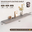 Long Live Edge Floating Shelf, 55 Inch Solid Elm Wood - Weathered Gray Rustic Wood Wall Shelf with Invisible Brackets for Living Room, Kitchen, Bathroom