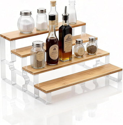 junyuan Bamboo Bathroom Organizers and Storage,Spice Rack Organizer for Cabinet,4 Tier Perfume Organizer for Bedroom,Seasoning Countertop Shelf for Kitchen,Display Shelves Racks,Clear 11.2"
