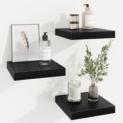 Square Floating Shelves for Wall, 9.25"W x 9.25"D x 1.25"H, 3 Pack Small Wall Mounted Engineered Wood Shelves with Invisible Brackets for Living Room, Bedroom, Bathroom, Kitchen Decor, Black