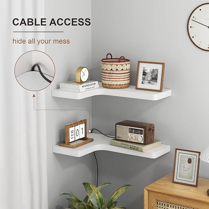 fuqing Corner Floating Shelves, Wall Shelf Set of 3, Shelves for Wall Storage, Solid Wood Shelves for Storage, Wall Mount Wooden Display Shelf for Bathroom Bedroom Kitchen Garage, White
