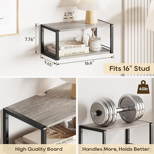Floating Nightstand Set of 2, Wood Bedside Shelf Wall Mounted Nightstand with Heavy-Duty Frame, Floating Bedside Table for Bedroom, Bathroom, Kitchen, (Vintage Grey, 2 Pack)