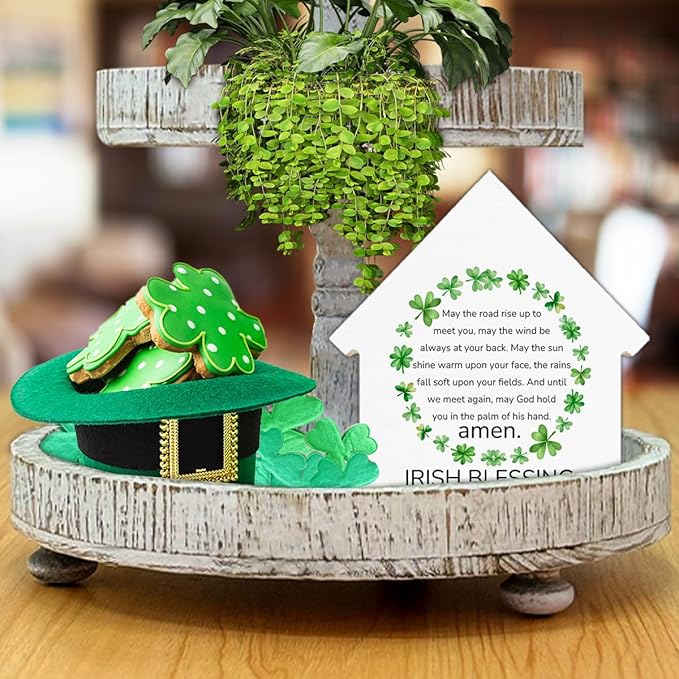 Irish Blessing Decor, St. Patrick's Day Decorations, Irish Gifts, Shamrock House Shaped Wood Block Sign, Home Decor for Desk Table Shelf, St Patricks Day Decorations