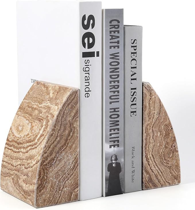 Koville Travertine Bookends for Shelves, Large Stone Bookends for Heavy Books, Non-Slip Heavy Duty Book Stopper for CD/Movies, Aesthetic Decorative Book Ends for Bookshelf Table Home Decor(Brown)