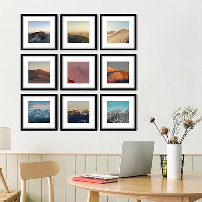 Wiscet 12x12 Picture Frame Set of 9, Gallery Wall Frame Set Display Pictures 8x8 with Mat or 12 x 12 Without Mat, Square Collage Picture Frames for Wall, Black