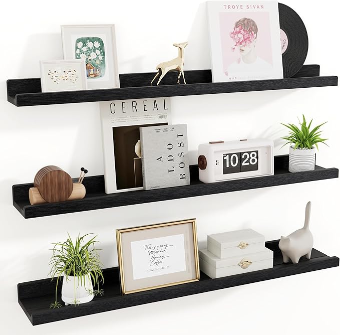 RICHFOCUS Floating Shelves for Wall, 36 inch Solid Wood Picture Ledge Shelf for Wall Storage, Nursery Book Shelves with Lip for Living Room Bathroom Bedroom Kitchen, Set of 3, Distressed Black