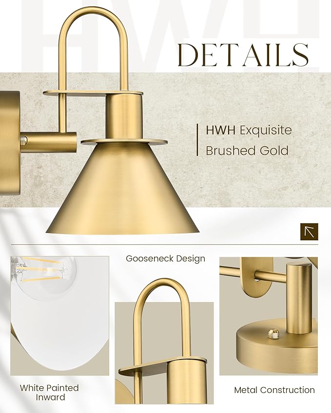Gold Wall Sconces, HWH Indoor Wall Lights, Vintage Barn Wall Lamp, Brass Wall Sconce Light for Bedroom Living Room Kitchen, Gold Finish, 5HZG56B BG