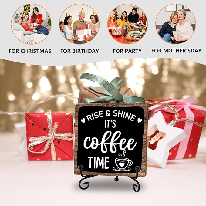 Coffee Bar Decor Sign, Rise & Shine It's Coffee Time Sign With Stand For Farmhouse Home Kitchen Table, Wine Sign For Farmhouse Home Kitchen Office Bar Shelf Table, Gifts For Family Friend Coworker