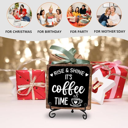 Coffee Bar Decor Sign, Rise & Shine It's Coffee Time Sign With Stand For Farmhouse Home Kitchen Table, Wine Sign For Farmhouse Home Kitchen Office Bar Shelf Table, Gifts For Family Friend Coworker