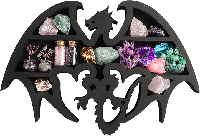Wooden Floating Shelf Dragon Design Unique Room Decor Crystal & Rock Display Shelf, Floating Wall Shelves with Dragon Design for Rocks, Crystals, Oils, Stones, Plants 14x9.4inch