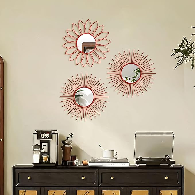 3 Pack Metal Mirrors for Wall Sunburst Wall Mirrors Home Décor Decorative Hanging Wall Art for Living Room Bedroom Entryway (Red, Flower+Sunburst)