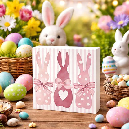 Easter Decorations for Home Rustic Bunny Wooden Box Sign, Pink Spring Rabbit Farmhouse Desk Decor, Happy Easter Shelf Tiered Tray Plaque for Living Room Office 5x5 Inch