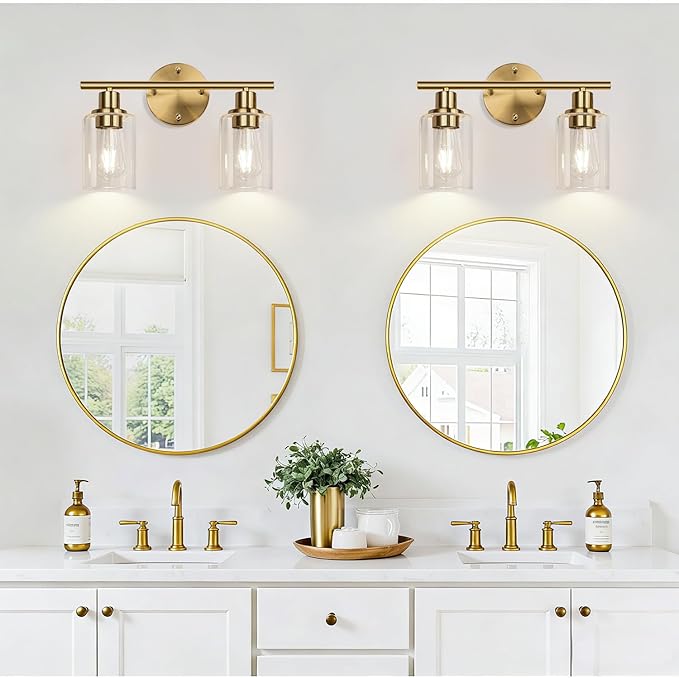 2-Light Bathroom Light Fixtures, Brushed Gold Vanity Light, Modern Vanity Lights with Clear Glass Shade, Bathroom Wall Lamp for Mirror Kitchen Living Room Hallway Cabinet Porch