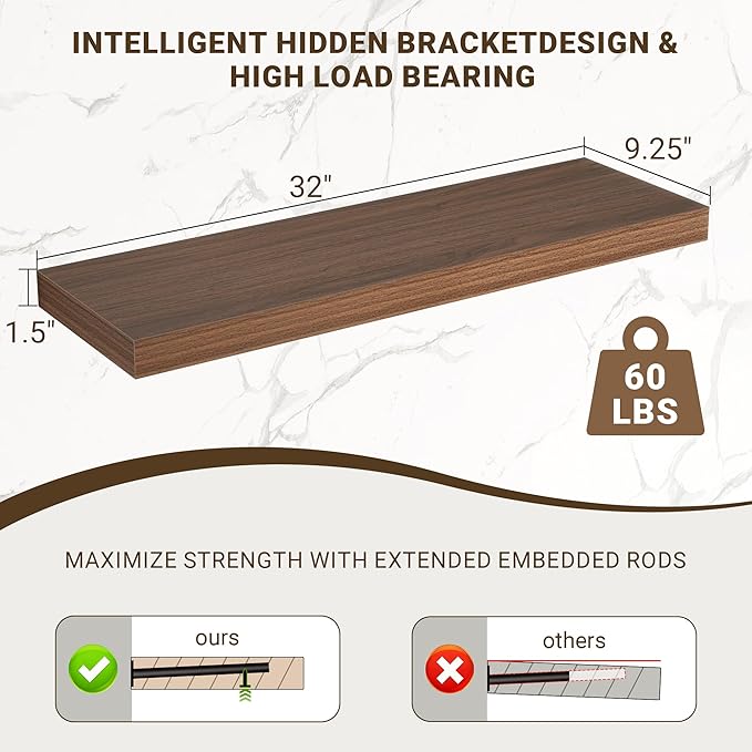 32 Inch Floating Shelves, 3D Textured Wood Grain, 32