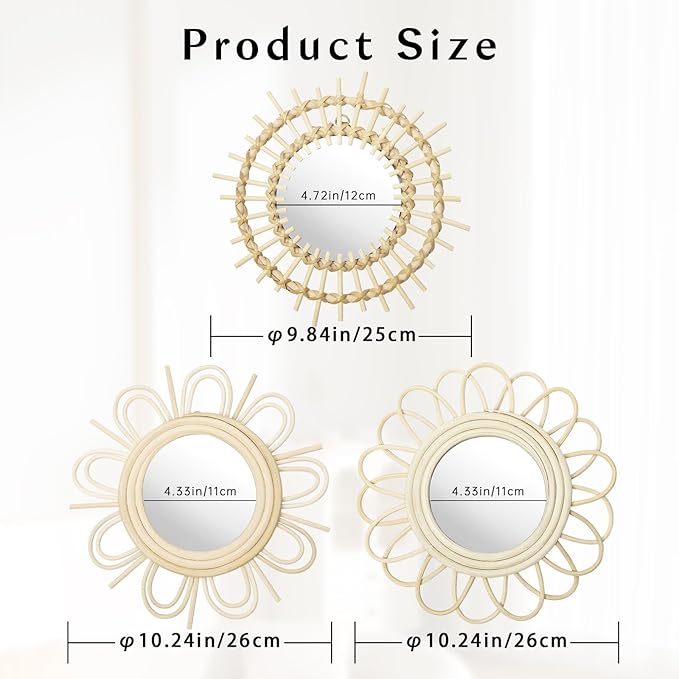Briful Beige Wall Mirrors Decor Set of 3 Wooden Round Wall Mirrors Wall-Mounted Sunburst Mirrors Hanging Wall Art for Living Room Home Indoor Bedroom Decor