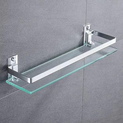 Bathroom Glass Shelf Tempered Glass Rectangular Extra Thick Aluminum Silver Sand Sprayed Wall Mounted 13.77 inches