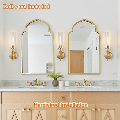 Wall Sconces Set of Two, Brushed Gold Bathroom Sconces with Clear Glass, Hardwired Sconces Wall Decor Set of 2, Modern Wall Light Fixtures for Bathroom Mirror Living Room Bedroom Hallway