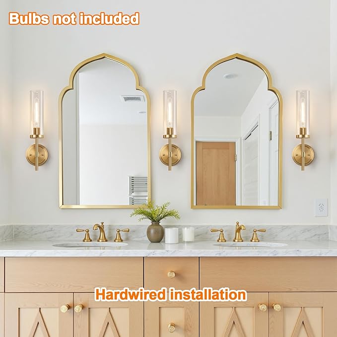 Wall Sconces Set of Two, Brushed Gold Bathroom Sconces with Clear Glass, Hardwired Sconces Wall Decor Set of 2, Modern Wall Light Fixtures for Bathroom Mirror Living Room Bedroom Hallway