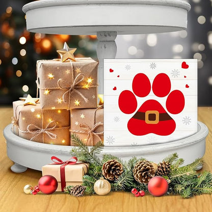 Farmhouse Christmas Decor, Christmas Decorations Indoor, Red Dog Paws Wooden Sign Rustic Home Shelf Desk Decor 5 x 5 Inches