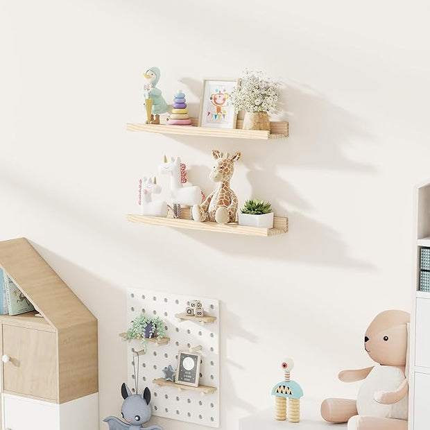Picture Ledge Shelf, 24 inch Solid Wood Floating Shelves, Picture Shelf for Wall with Ledge, Floating Book Shelves for living room Bedroom Kitchen Nursery Decor, Natural Unfinished, Set of 2
