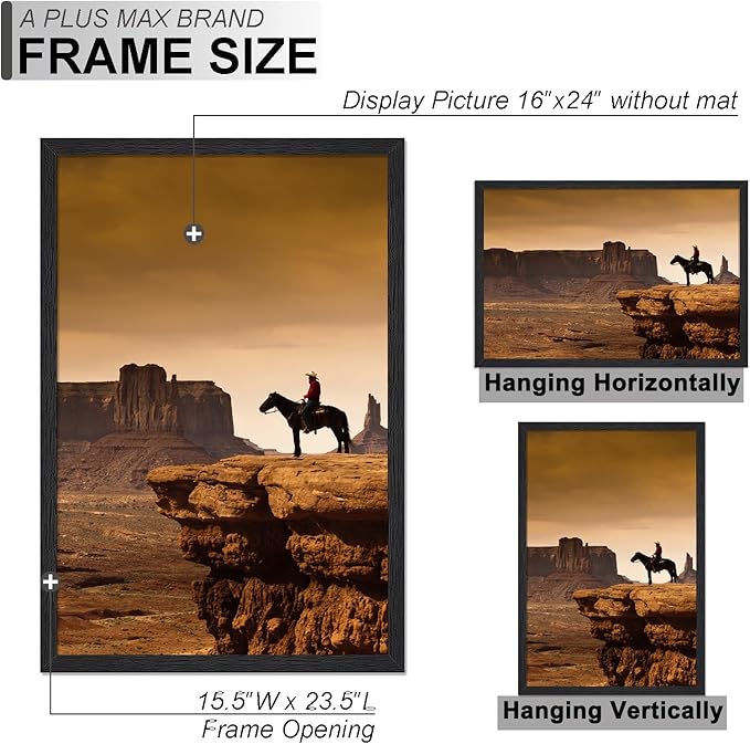 A PLUS MAX 16x24 Picture Frame Set of 3, Black Engineered Wood Frame for 16 x 24 Inch Picture Poster Photo, Light Weight 16 by 24 Frame with Wood-grain for Wall - 3 Pack/Black/16 x24