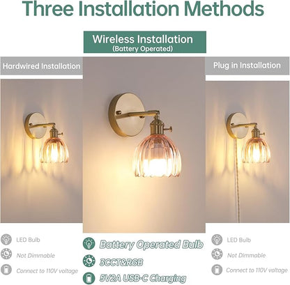 Vintage 5000 mAh Battery Operated Wall Sconce with Pink Clear Tulip Glass Lampshade Rechargeable Battery Powered Wall Light with Remote Control for Bedroom Doorway, Set of 2