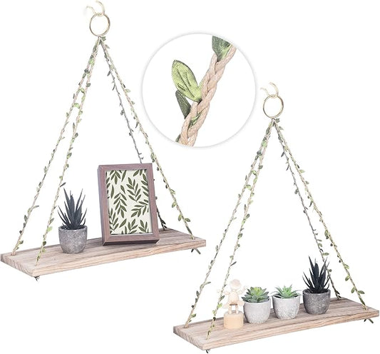 MITIME Hanging Shelves for Indoor Wall and Window - Floating Wall Shelves for Plant Display, Boho Style Home Decor.(Leaf Rope, Light Color,Large*2)