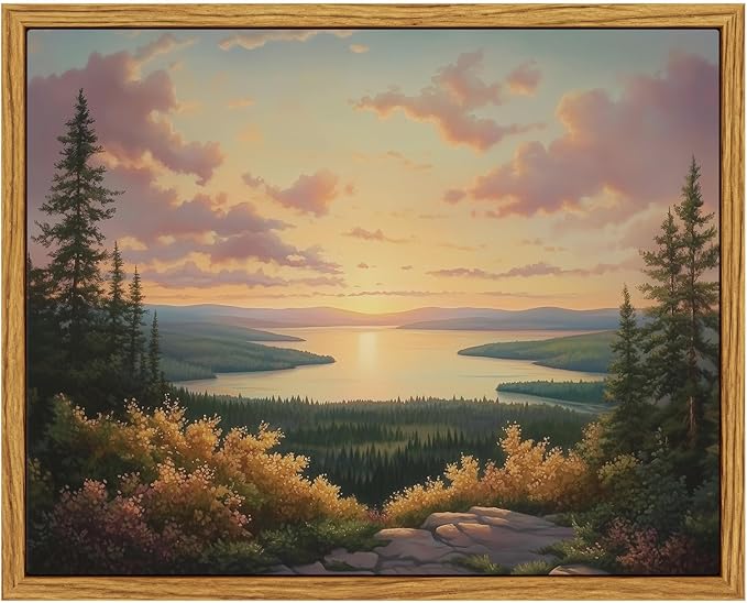 InSimSea Framed Canvas Wall Art, Vintage National Park Art for Living Room Hallway Shelf, 10x8in, Northern Lake Wild Landscape Painting, Rustic Cozy Mid Century Small Nature Decor