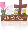 He is Risen Wood Block Table Sign Wooden Bunny Tulips Cross Table Top Decorations Tiered Trays Desk Shelf Easter Home Office Coffee Bar Decor 6 Pieces