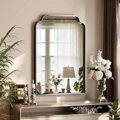 GLSLAND 20"x30" Petal Arch Bathroom Mirror – Modern Metal Frame Vanity Mirror with Scalloped Edge for Over Sink, Bedroom, Living Room, Entryway, Non-Rusting Decorative Wall Mirror, Black