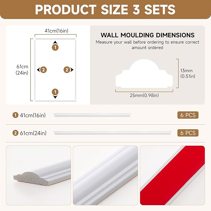 Peel and Stick Wall Molding Kit, INMOZATA 3 Sets 3D Pre-Cut Accent Molding Trim Wainscoting Panels for Interior Wall Decor Living Room Bedroom Entryway Plain Door (24" x 16")