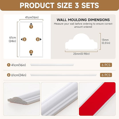 Peel and Stick Wall Molding Kit, INMOZATA 3 Sets 3D Pre-Cut Accent Molding Trim Wainscoting Panels for Interior Wall Decor Living Room Bedroom Entryway Plain Door (24" x 16")