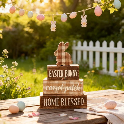 Easter Decorations - Easter Bunny Tiered Tray Decor Set - Wooden Carrot Patch Tabletop Decoration - Rustic Farmhouse Spring Home Decor Indoor for Tiered Tray Shelf Mantel Coffee Table Gift - Spring Home Decor for Living Room, Kitchen Counter
