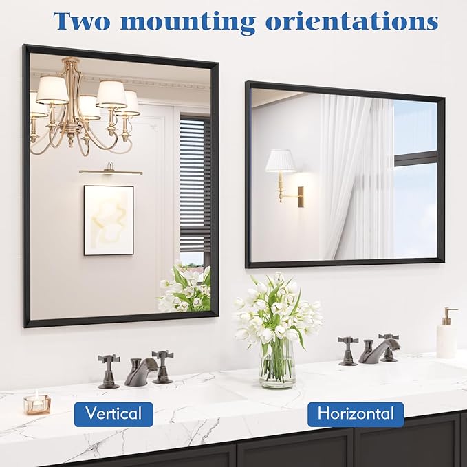 30x36 Inch Bathroom Mirror, Matte Black Framed Rectangle, 4MM Tempered Glass, Anti-Rust, Wall-Mounted Vanity Mirror for Bathroom & Bedroom - Hangs Horizontally or Vertically