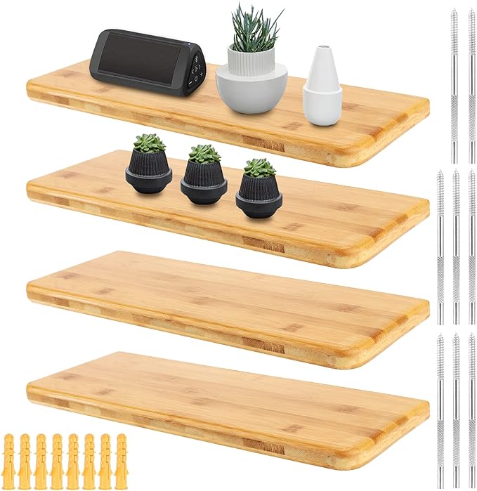 JOIKIT 4 PCS 16 Inch Bamboo Floating Shelves Wall Mounted, Bamboo Wall Shelf, Decorative Floating Shelf for Bedroom, Kitchen, Bathroom, Living Room