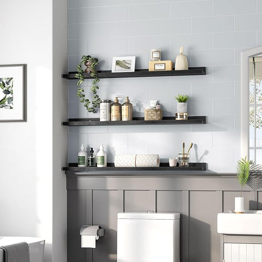 HOOBRO Floating Shelves, Wall Shelf Set of 3, 35.4 Inches Hanging Shelf with Raised Edge and Invisible Brackets, for Bathroom, Bedroom, Kitchen, Office, Living Room Decor, Black BK90BJ01