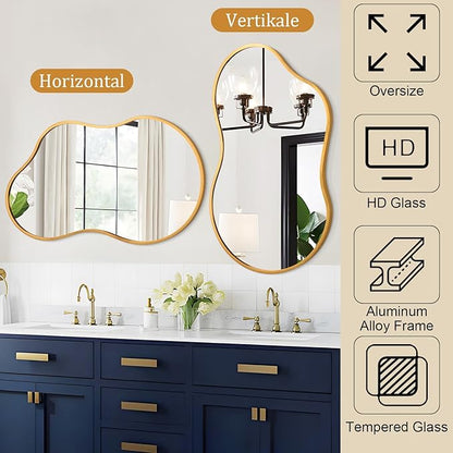 Irregcular Wall Mirror 26"x16" Gold Asymmetrical Bathroom Mirror Metal Framed Modern Decorative Vanity Mirrors for Bedroom Living Room Entryway