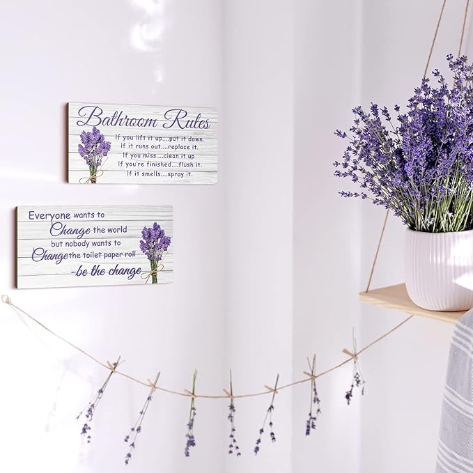 Jetec 2 Pieces Funny Bathroom Signs Bathroom Wall Decor Toilet Wall Accessories Farmhouse Toilet Rustic Wooden Signs, 12x6 Inch(Lavender Style)