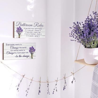 Jetec 2 Pieces Funny Bathroom Signs Bathroom Wall Decor Toilet Wall Accessories Farmhouse Toilet Rustic Wooden Signs, 12x6 Inch(Lavender Style)