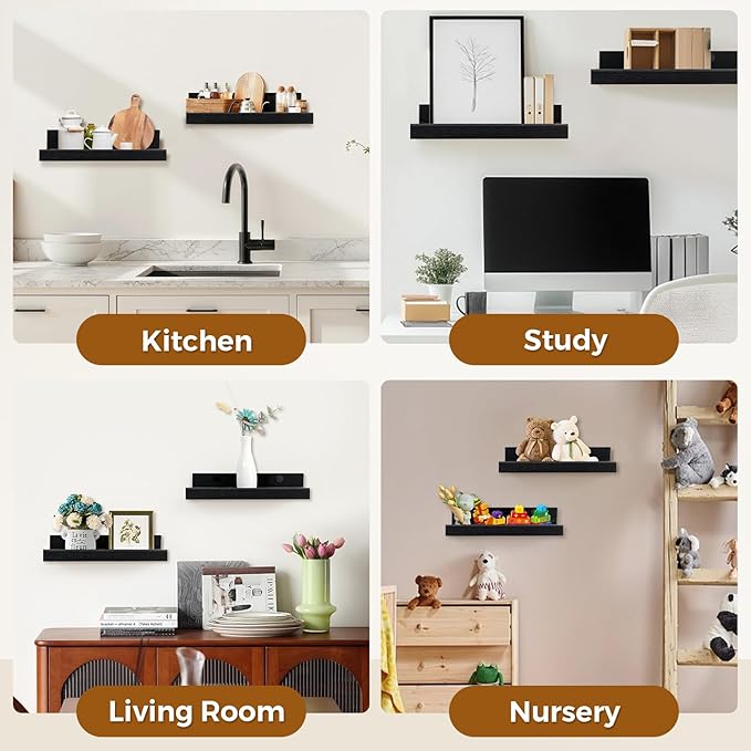 Muzilife 16" Floating Wall Ledge Shelves with Lip - Set of 2 Wood Floating Shelves - Black Wall Mounted Picture Ledge for Office, Bathroom, Bedroom, Living Room, Kitchen