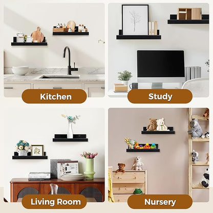 Muzilife 16" Floating Wall Ledge Shelves with Lip - Set of 2 Wood Floating Shelves - Widened Black Wall Mounted Picture Ledge for Office, Bathroom, Bedroom, Living Room, Kitchen