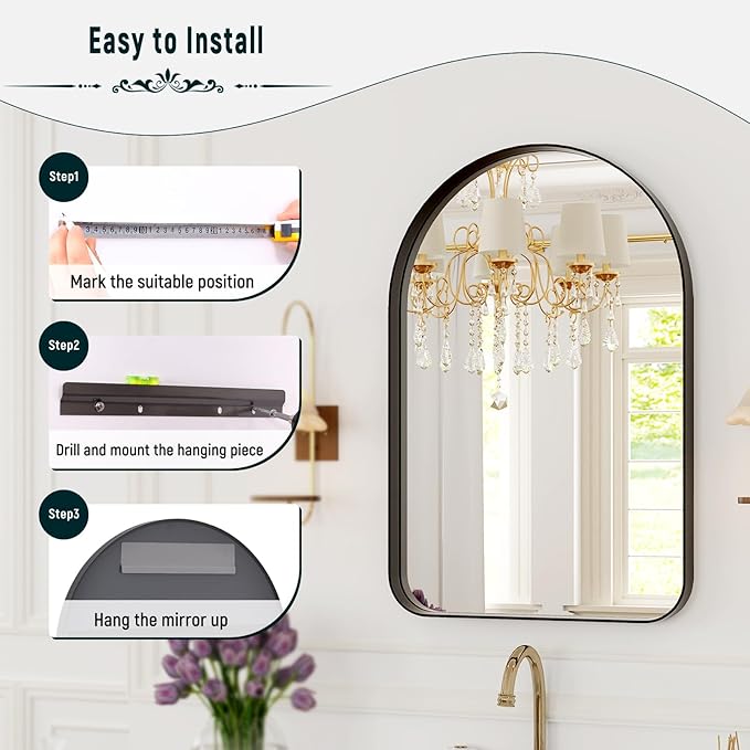 GLSLAND 20”x30“ Arched Bathroom Mirror - Black Aluminum Alloy Framed Wall Mirror, Arch Matted Vanity Mirror for Bedroom, Entryway Home Decor