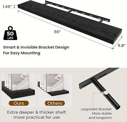 Dreamland 55 Inches Floating Shelves for Wall, 9.8" Deep Long Floating Shelves Set of 1, Large Display & Storage Shelf, Wall Shelf for Bathroom Bedroom Living Room Kitchen Office, Black
