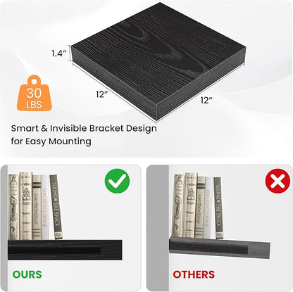 Square Floating Shelves for Wall, 12" W x 12" D x 1.4" H, Small Wooden Wall Mounted Display Shelves with Invisible Brackets for Living Room, Bedroom, Bathroom, Kitchen Decor, Set of 3, Black