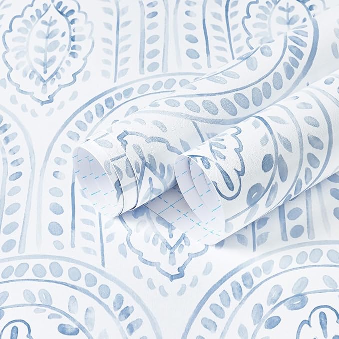 EeeComing Blue Peel and Stick Wallpaper Boho Wall Paper Peel and Stick Modern Contact Paper Self Adhesive Wallpaper for Bedroom and Bathroom Removable Cabinet Shelf Liner Vinyl 17.3”X118.1”