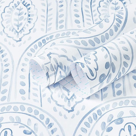 EeeComing Blue Peel and Stick Wallpaper Boho Wall Paper Peel and Stick Modern Contact Paper Self Adhesive Wallpaper for Bedroom and Bathroom Removable Cabinet Shelf Liner Vinyl 17.3”X118.1”
