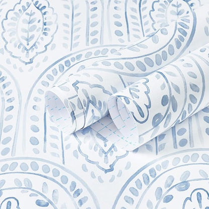 EeeComing Blue Peel and Stick Wallpaper Boho Wall Paper Peel and Stick Modern Contact Paper Self Adhesive Wallpaper for Bedroom and Bathroom Removable Cabinet Shelf Liner Vinyl 17.3”X393”
