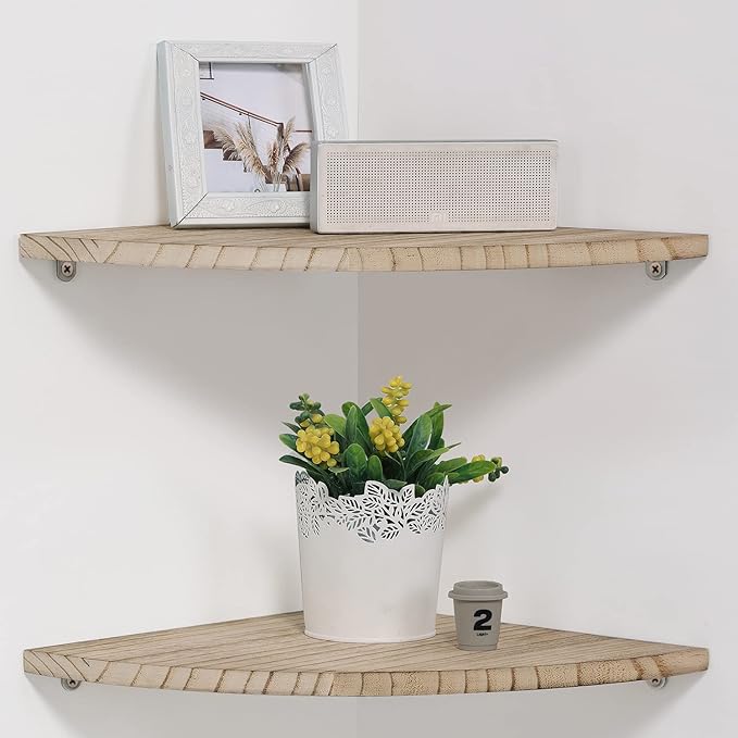 10 inch Corner Wall Shelf, Set of 2 Solid Wood Corner Floating Shelves for Wall, Round End Wall Mounted Floating Corner Shelf for Bedroom, Living Room and Kitchen (Carbonized-10 inch)